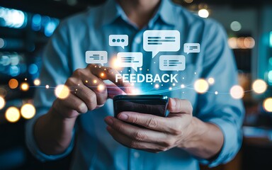 Fototapeta premium Feedback and Reputation Management Concept. Feedback icons represent online reviews, user comment ratings, feedback writing, satisfaction survey, reputation management in modern digital AI interfaces
