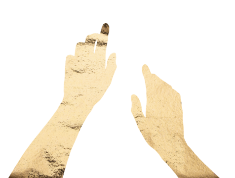 Hand with outstretched fingers reaching forward, grasping. Gold textured, luxurious gesture in sunlight, symbolizing action and desire to take or catch something. Elegant, clear position, with both.