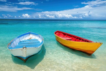 Naklejka premium Two Colorful Boats on Clear Blue Tropical Water. Peaceful Beach Scene with Calm Ocean and Scenic Coastal Landscape