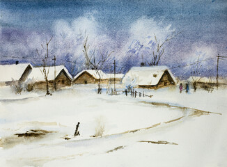 view of the village on a winter evening