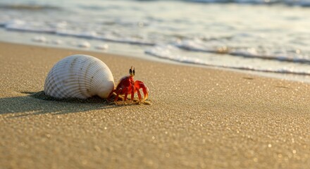 Obraz premium Tiny crab on sandy beach near seashell