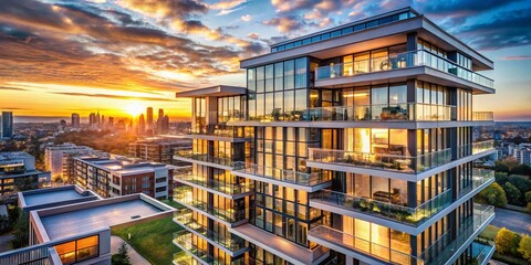 Architectural Marvel at Sunset: Luxurious modern building design with stunning views in the heart of city, framed by an artistic sunset.
