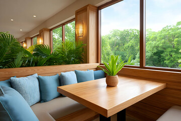 Light-wood table with blue cushions in a sunlit restaurant booth overlooking greenery. Generative AI