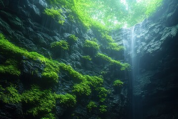 Obraz premium Lush, hidden cave waterfall