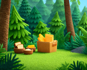 Lush green forest picnic scene with bread, corn, and butter in a wicker basket. Generative AI