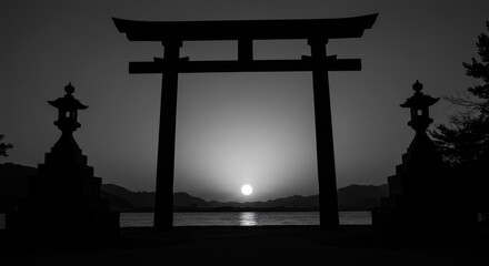 Black and White Torii Gate at Sunset