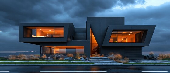 A modern black house with a unique triangular shape and large windows.
