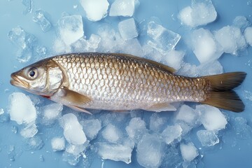 Fresh Fish on Ice for Sale. Raw Seafood on Blue Background, Concept of Fish Market, Fresh Ingredients, and Culinary Preparation