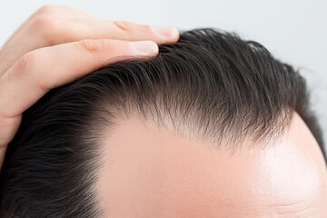 Fototapeta premium Close-up progression of male pattern hair loss and thinning scalp with hand on head