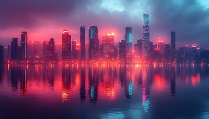 Fototapeta premium Colorful night city skyline reflection