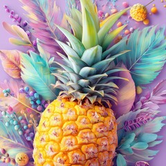 Obraz premium Vibrant fruit display with pineapple and foliage.