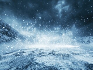 Fototapeta premium Enigmatic Frozen Landscape with Blizzard Snowfall and Majestic Mountains