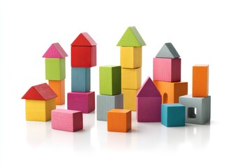 Fototapeta premium Colorful Wooden Building Blocks Arranged Like City Skyline on White Background