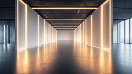 Fototapeta premium An empty, clean futuristic showroom with glowing geometric light features and sleek modern decor 