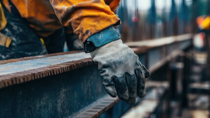 A construction worker&rsquo;s hand adjusts a steel beam with gloves on, set against the backdrop of a bustling construction site.