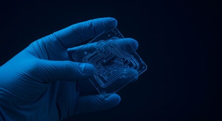 Gloved hand carefully holding a microfluidic chip illuminated by cool blue light