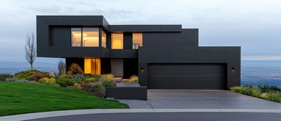 A modern black house with a large garage and well-manicured lawn sits atop a hill, overlooking a sprawling cityscape.