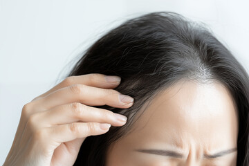 Close-up of Japanese woman examining thinning hairline and scalp with concerned expression