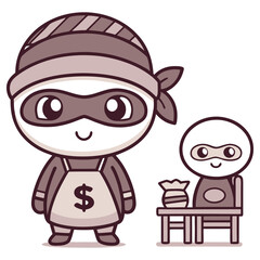 Cartoon Thief Character Standing Wearing Apron with Dollar Sign on White