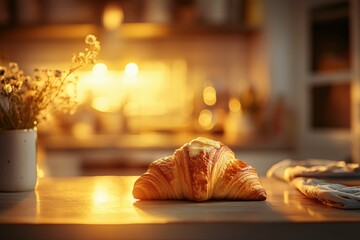 Obraz premium Golden croissant resting on a kitchen counter at dusk.