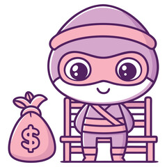 Kawaii Pink Ninja Sitting on Bench with Money Bag Isolated on Transparent