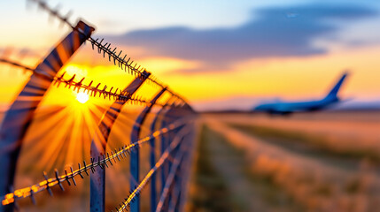 Close-up of barbed wire fence with sunburst effect against a sunset sky and a blurred airplane at an airport.