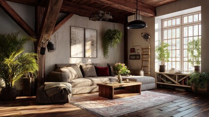 Sunlit living room with sectional sofa, plants, and wooden beams.