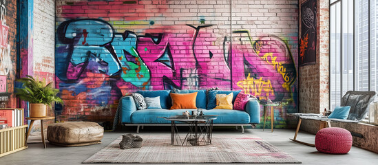 Cozy living room with a couch and colorful graffiti wall art
