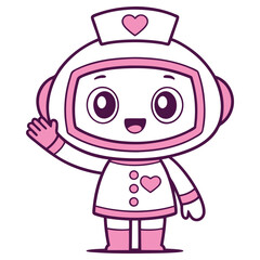 Cartoon Female Robot Nurse Waving Hello with White Uniform on Transparent