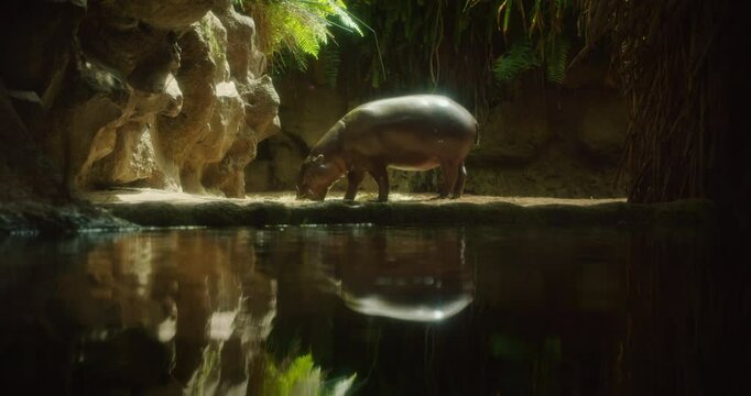 A side profile of a pygmy hippo as it feeds in a peaceful habitat filled with natural light and greenery