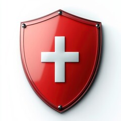 Shield with White Cross Symbol on Red Background Healthcare Concept