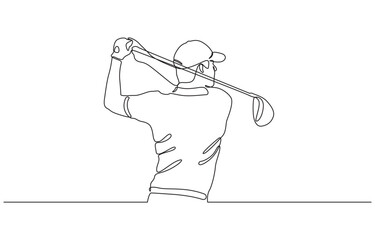 Man playing golf continuous one line drawing. professional golfer swinging the stick in single line art illustration, Continuous line drawing of a golfer swinging on a white background.