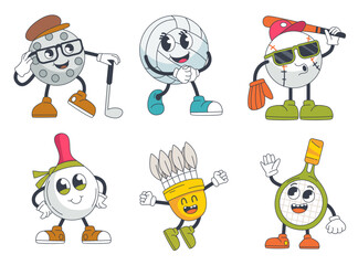 Sporty Character Set:  A collection of 6 whimsical sport ball and rackets characters, each with a distinct personality and style, adding a touch of fun to any sports-related project. 