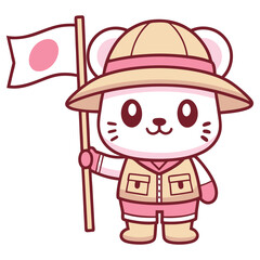 Cartoon Mouse Explorer Holding Flag of Japan, Wearing Safari Hat and Outfit