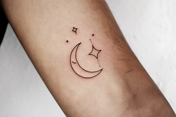 Fototapeta premium Minimalist Crescent Moon and Stars Tattoo Design on Forearm