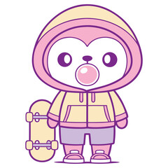 Hooded Cartoon Penguin with Skateboard on White Background Character Design