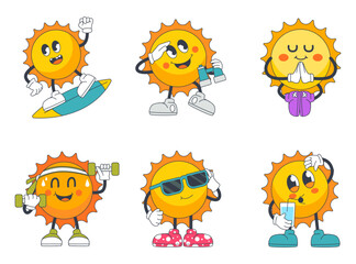 Joyful Sun's Daily Routine: A collection of adorable cartoon sun illustrations depicts various activities and emotions, radiating happiness and warmth.