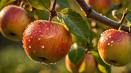 Juicy red apples glistening with morning dew, hanging heavy on the branch in a sun-drenched orchard, capturing the essence of autumn harvest.