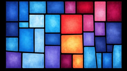 Vibrant, geometric stained glass pattern in shades of blue, red, and purple.