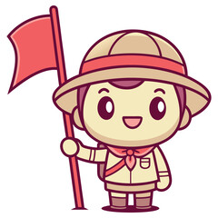 Cute Cartoon Scout Character Holds Red Flag Isolated on White Background