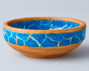 Fototapeta premium Wooden bowl with vibrant blue mosaic inlay. Generative AI