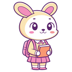 Cute Bunny Cartoon Character Holding Book With Backpack on White Background