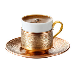 Turkish coffee in traditional golden cup with saucer