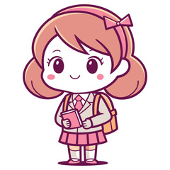 Smiling Schoolgirl Cartoon Student Holds Book with Backpack on Transparent Background