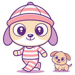 Cartoonish Dog Walking with Puppy Companion Wearing Striped Hat and Outfit