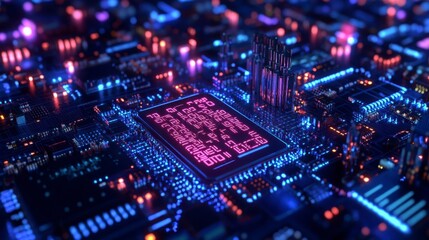 Obraz premium Exploring Intricate Illuminated Circuit Board with Microprocessor Technology and Future Tech