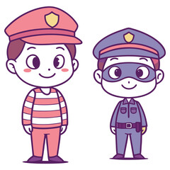 Two Cartoon Boys Dressed up as a Prisoner and Police Officer on White Background