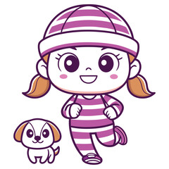 Cartoon Girl Runs with Puppy, Striped Pajamas and Hat, Cute and Smiling