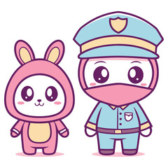 Cute Cartoon Bunny Character with Pink Costume Standing Next to Cartoon Police Mascot