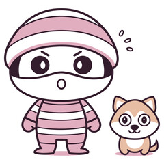 Surprised Robber Character With Husky Puppy Standing on Isolated White Background